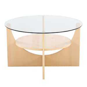 U-Shaped 31.5 in. Natural Wood and Clear Glass Round Coffee Table