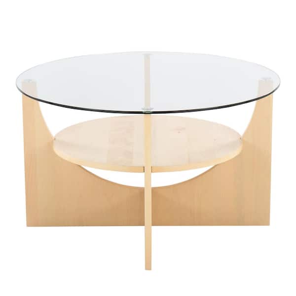 Lumisource U-Shaped 31.5 in. Natural Wood and Clear Glass Round Coffee Table