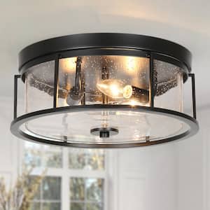 13 in. 3-Light Modern Black Industrial Metal Cage Flush Mount Ceiling Light with Clear Seeded Glass