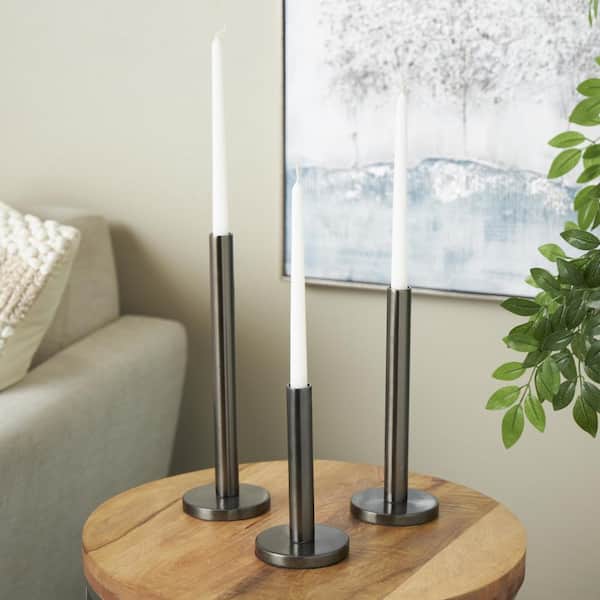 Litton Lane Silver Stainless Steel Metal Slim Candle Holder with Round Base (Set of 3)