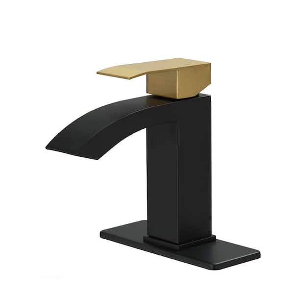 Waterfall Single Hole Single-Handle Low-Arc Bathroom Sink Faucet with Pop-Up Drain Assembly in Gold Black