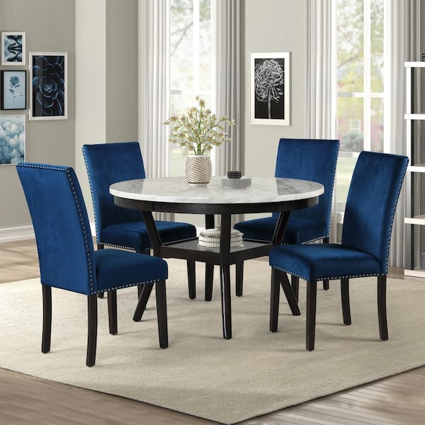 NEW CLASSIC HOME FURNISHINGS New Classic Furniture Celeste 5-Piece Round Faux Marble Top Dining Set, Espresso/Blue