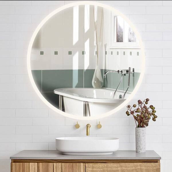 ELLO&ALLO 24 in. W x 24 in. H Single Round Frameless LED Light Wall Bathroom Vanity Mirror with Shelf, Clear