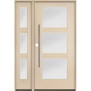 Modern Faux Pivot 50 in. W. x 80 in. 3-Lite Right-Hand/Inswing Satin Glass Unfinished Fiberglass Prehung Front Door LSL