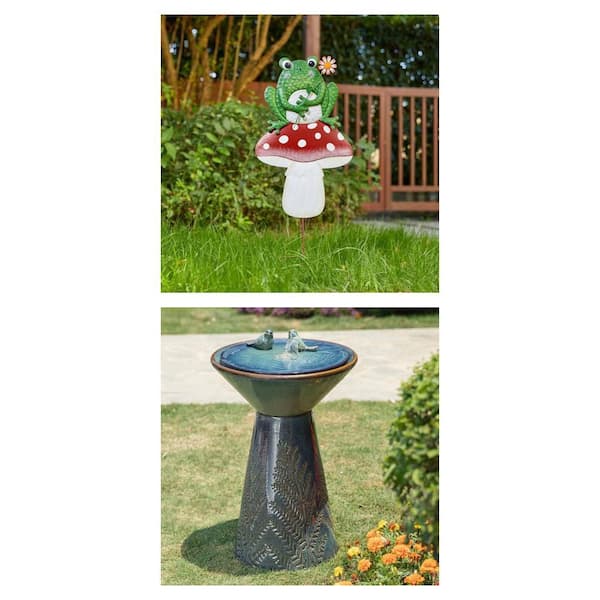 27.5 in. Turquoise Birds Fountain with LED and 30 in. Mushroom Frog Garden Stake Combo