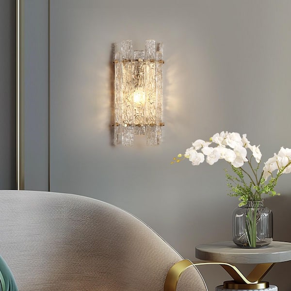 Chanmoliria 5.9 in. 1-Light Plating Brass Wall Sconce with Handmade Glacier Glass Strips Metal Flush Mounted Wall Light