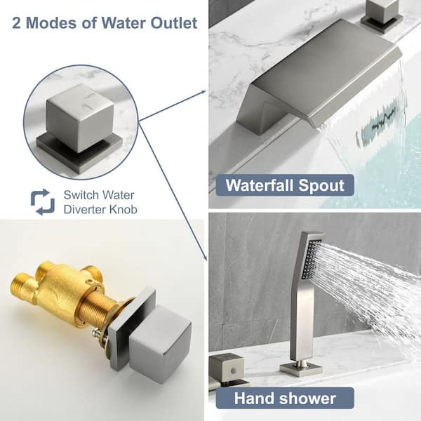 Pull-out Tub Spout Double-Handle Deck Mounted Roman Waterfall Tub Faucet With Handshower For Bathroom - Bed Bath Double Handle Bath Faucet - View #10