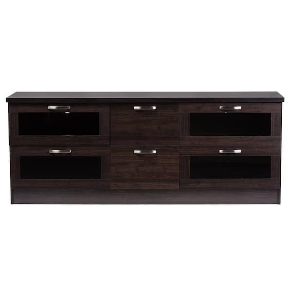 Baxton Studio Adelino 62 in. Dark Brown Wood TV Stand with 2 Drawer Fits TVs Up to 70 in. with Storage Doors