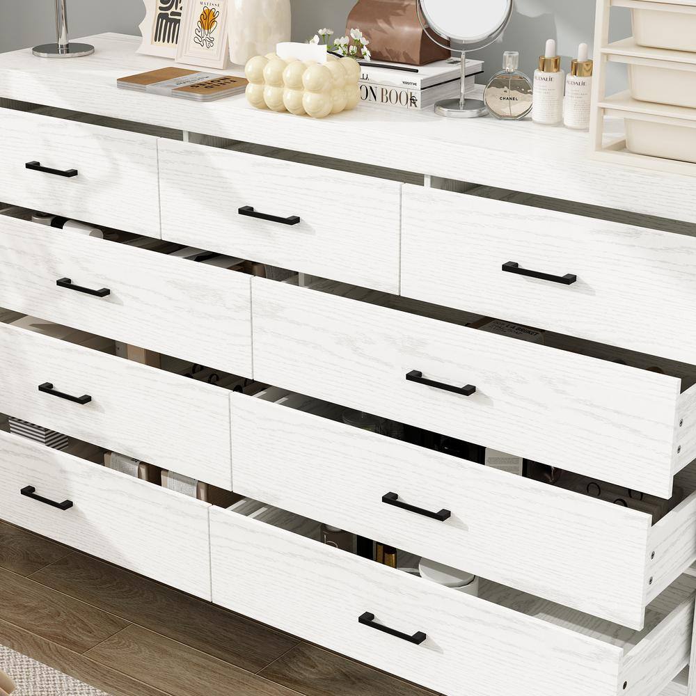 White Wood Grain 63 in. W Wooden Dresser, Chest of Drawers with 9-Drawers without Mirror - thumbnail 10