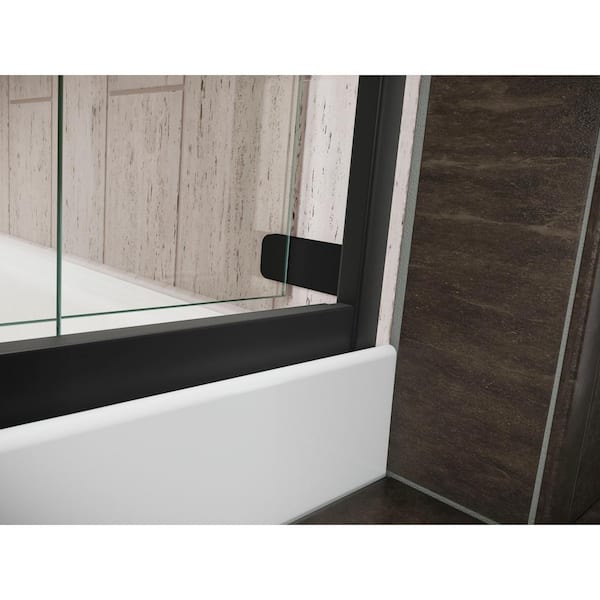 Levity 56-60 in. W x 74 in. H Sliding Frameless Shower Door in Matte Black with Towel Bar