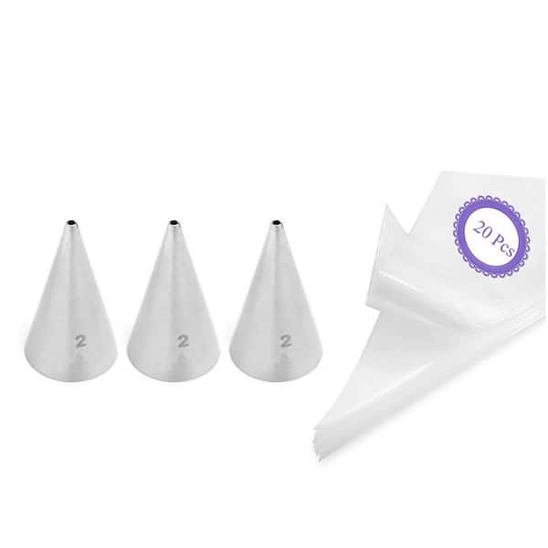 Icing Tip Series 2 Stainless Steel Silver Fine Round Piping Tip with 20 Disposable Pastry Bags for Cake Detailing