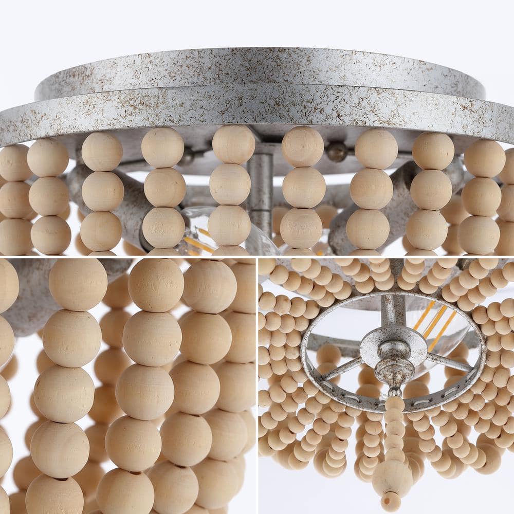 Antique Silver and Cream Wood Beaded Farmhouse Flush Mount Light