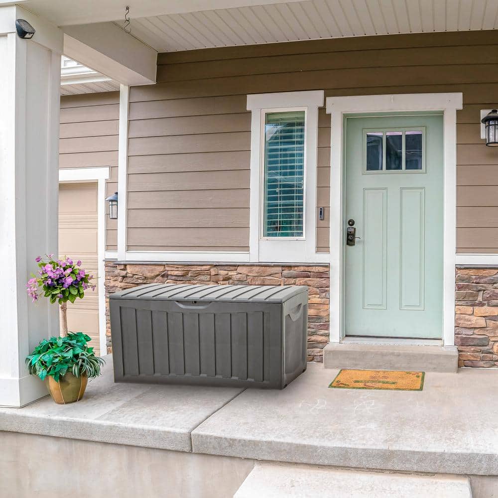 Gray 90 Gallon Lockable Plastic Deck Storage Box with Wheels