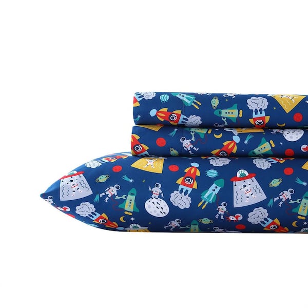 Poppy & Fritz Space Kids 4-Piece Blue Microfiber Kids Queen Sheet Set