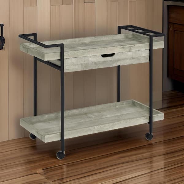 Benjara Tra Black Rolling 2-Tier Bar Cart with Drawer