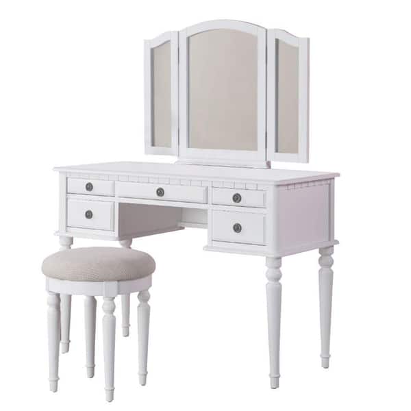 Benjara White With Stool Wooden Vanity, White Stool For Vanity Table
