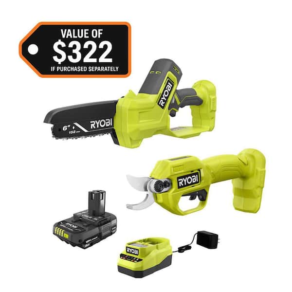 ONE+ 18V 6 in. Cordless Battery Compact Pruning Mini Chainsaw and 18V Cordless Pruner with 2.0 Ah Battery and Charger