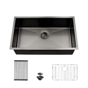 33-inch Undermount Single Bowl 16 Gauge Gunmetal Black Stainless Steel Round Corner Kitchen Sink with Bottom Grid