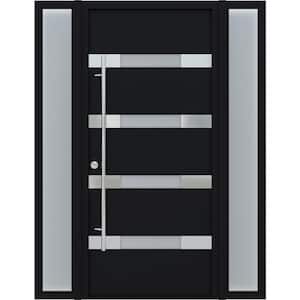 AURA 61"x82" Right-Hand/Inswing+Sidelite-left/right Frosted Glass BLACK/WHITE Steel Prehung Front Door +Hardware Kit