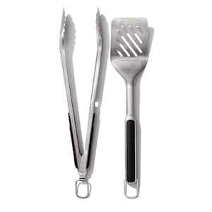 2-Piece 16.5 in. and 18.7 in. Stainless Steel Heat Resistant Grill Tongs and Turner Set in Black