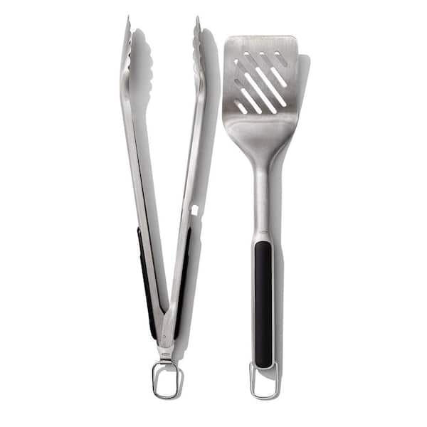 Angel Sar 2-Piece 16.5 in. and 18.7 in. Stainless Steel Heat Resistant Grill Tongs and Turner Set in Black