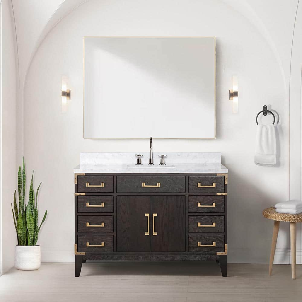 Fossa 48 in W x 22 in D Brown Oak Single Bath Vanity, Carrara Marble Top, Faucet Set, and 46 in Mirror -  Lexora, LVF48SK111