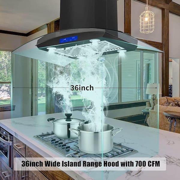 Kuled Island Mount Range Hood 30 inch with LED Lights, Ceiling Chimney-Style Stove Vent, 4-Speed Fan, Soft Touch Controls, Size: 6, Silver