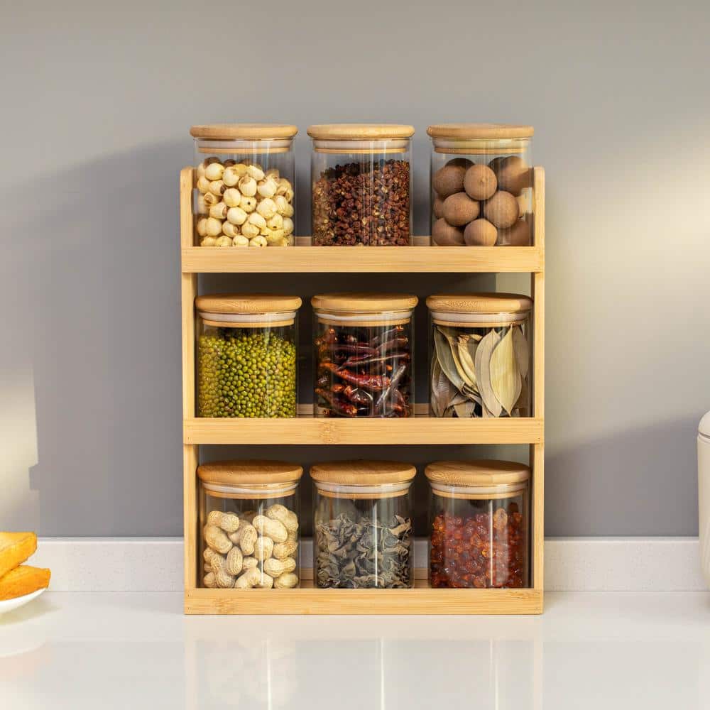Natural Bamboo 3-Tier Spice Rack with Clear Glass Jars