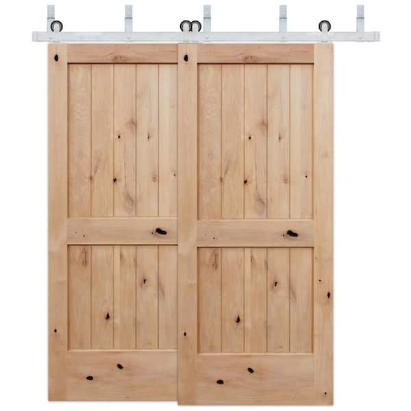 Pacific Entries 72 in. x 80 in. Bypass 2-Panel V-Groove Solid Core Knotty Alder Sliding Barn Door with Satin Nickel Hardware Kit
