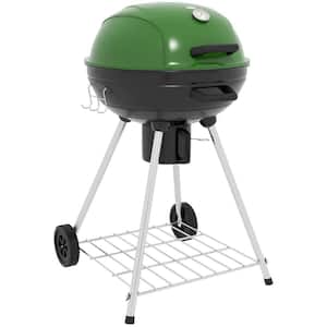 Kettle Charcoal BBQ Grill Trolley Enameled Steel Charcoal Smoker in Green with Shelf, Wheels, Ash Catcher