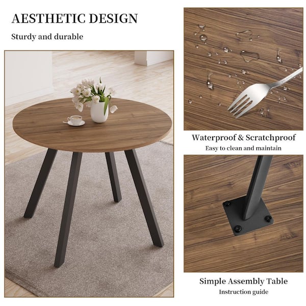GOJANE Modern Walnut MDF 34.6 in. Black Metal Legs Dining Table