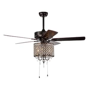 51.96 in. Ornate Modern Indoor Black Ceiling Fan Light with Crystal Shade and Reversible Airflow