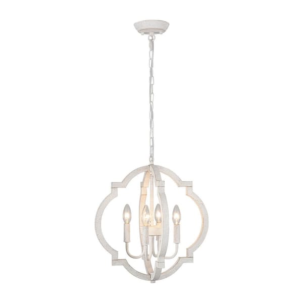 4-light Vintage White Lantern Chandelier With Wood Shade For Dinning Room Foyer and NO Bulb Includes