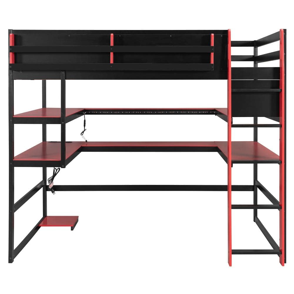 Red Full Wood Loft Bed with Desk, Side Storage Rack, Multi-Shelves and RGB Light durable construction price history on PriceWatchPro