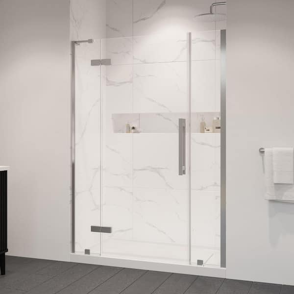 Tampa 54 in. W x 36 in. L x 72.01 in. H Alcove Shower Kit with Pivot Frameless Door in Satin Nickel and Shower Pan