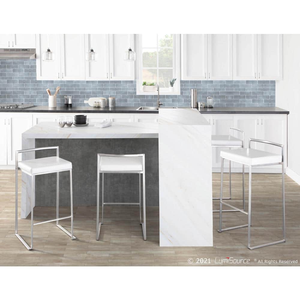 Fuji Off-White Leather and Steel Bar Stools, Set of 2