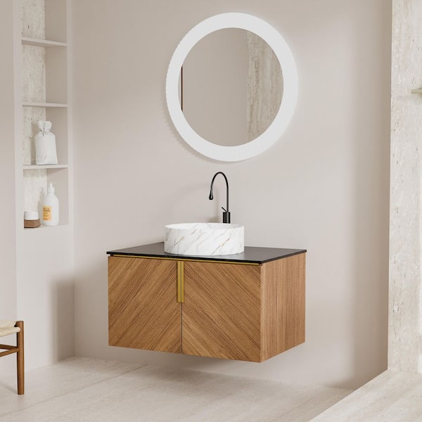 Liory 29.92 in. Floating Espresso Bath Vanity with White Round Ceramic Basin and Black Sintered Stone Top Unassembled