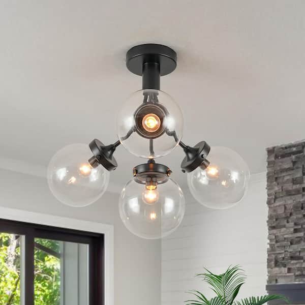 HUOKU Cielo 4-Light 21.7 in. W Matte Black Semi-Flush Mount Modern Chandelier with Clear Glass Shades Hallway Ceiling Light