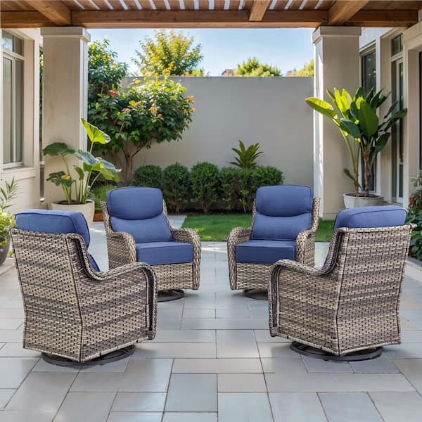 Arcadia Gray Wicker Outdoor Rocking Chair Patio Swivel Glider with 6 in. Thick Navy Blue Box-Edge Cushions (4-Pack)