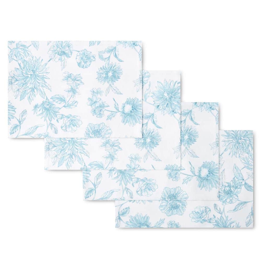 Botanical Floral White and Blue Cotton Placemats Set of Four