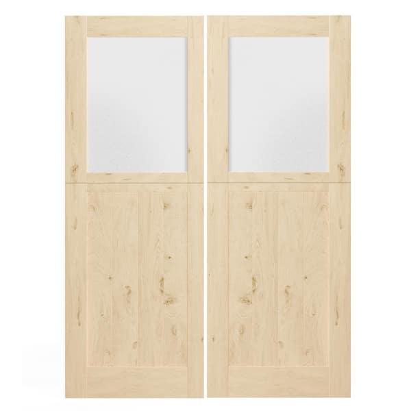 60 in. x 80 in. Finished Dutch Door, Half Bore Frosted Glass Split Interior Door Slab with Natural Pine Wood Color