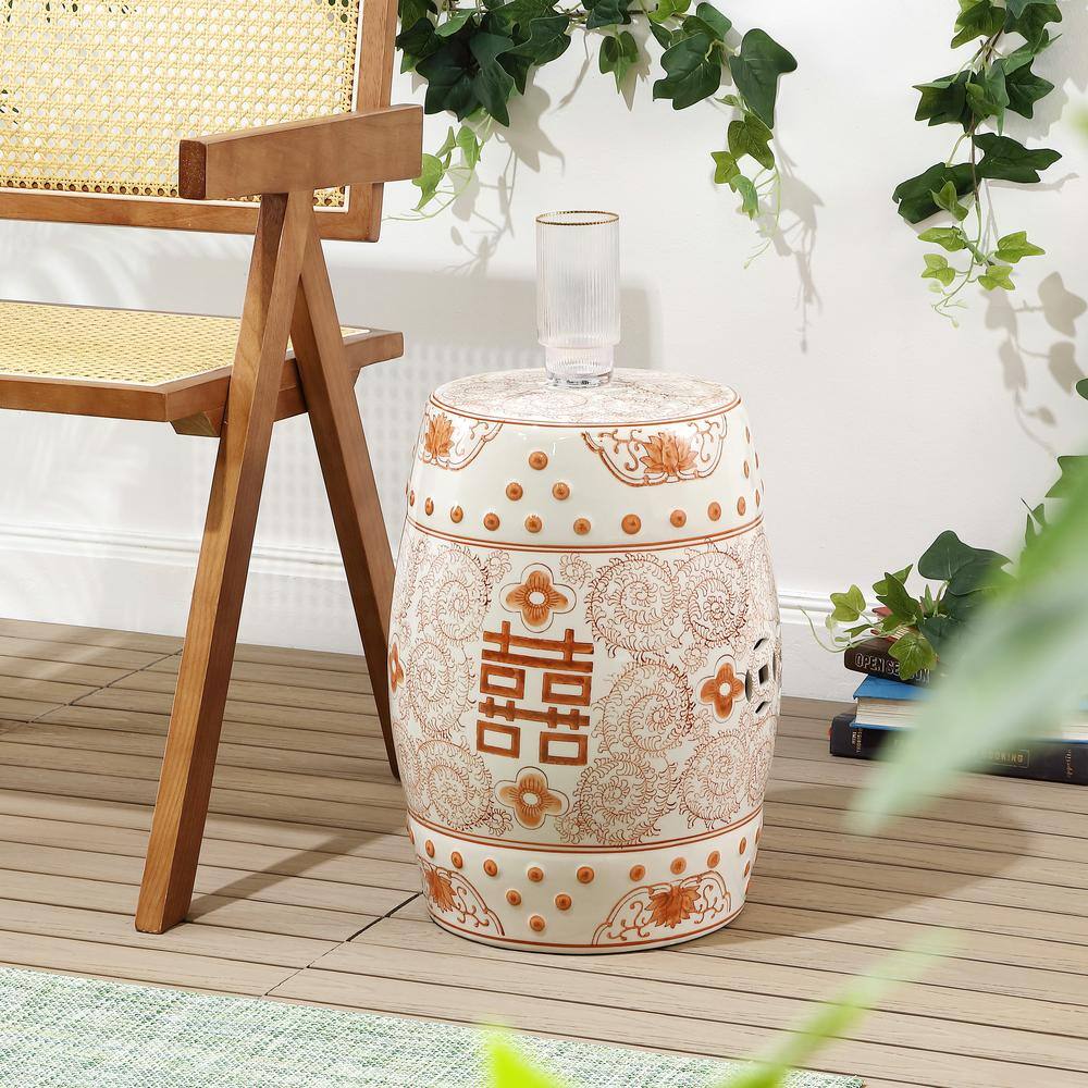 18" Orange and White Ceramic Chinoiserie Drum Garden Stool
