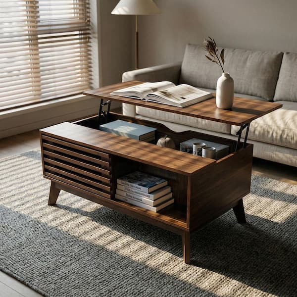 Lorvion 35.43 in. Walnut Rectangle MDF Wood Lift-Top Coffee Table with Slatted Sliding Door and Hidden Storage