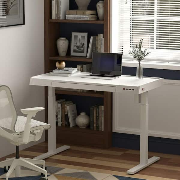 Homy Casa JANXICL 48 in. W Frosted Electric Adjustable Height Standing Desk, Wood Top with Drawer, USB Ports and Memory Controller