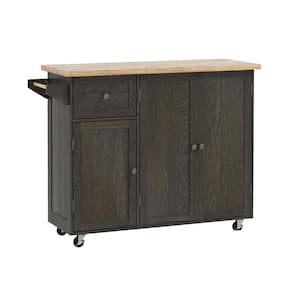 Brown Wood 53.25 in. Kitchen Island on Wheels, Utility Cart with 3-Door Cabinet, Adjustable Shelves and Towel Rack