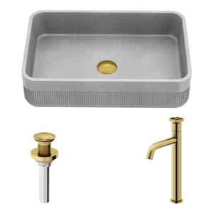 Cypress Concreto Stone Rectangular Bathroom Vessel Sink with Ruxton Faucet and Pop-Up Drain in Matte Brushed Gold
