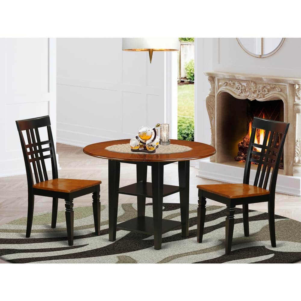 3-Piece Black and Cherry Finish Round Solid Wood Top Dining Table Set