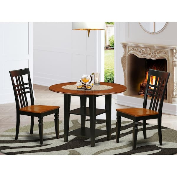 East West Furniture 3-Piece Black and Cherry Finish Round Solid Wood Top Dining Table Set