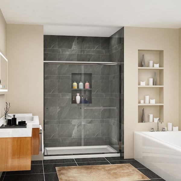 ANGELES HOME 60 in. W x 72 in. H Bypass Sliding Semi-Frameless Shower Door in Chrome Finish with Clear Glass