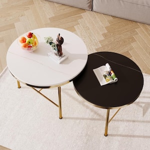 23.6 in. Black and White Sintered Stone Top Modern Round Nesting End Table Coffee Table with Gold Base